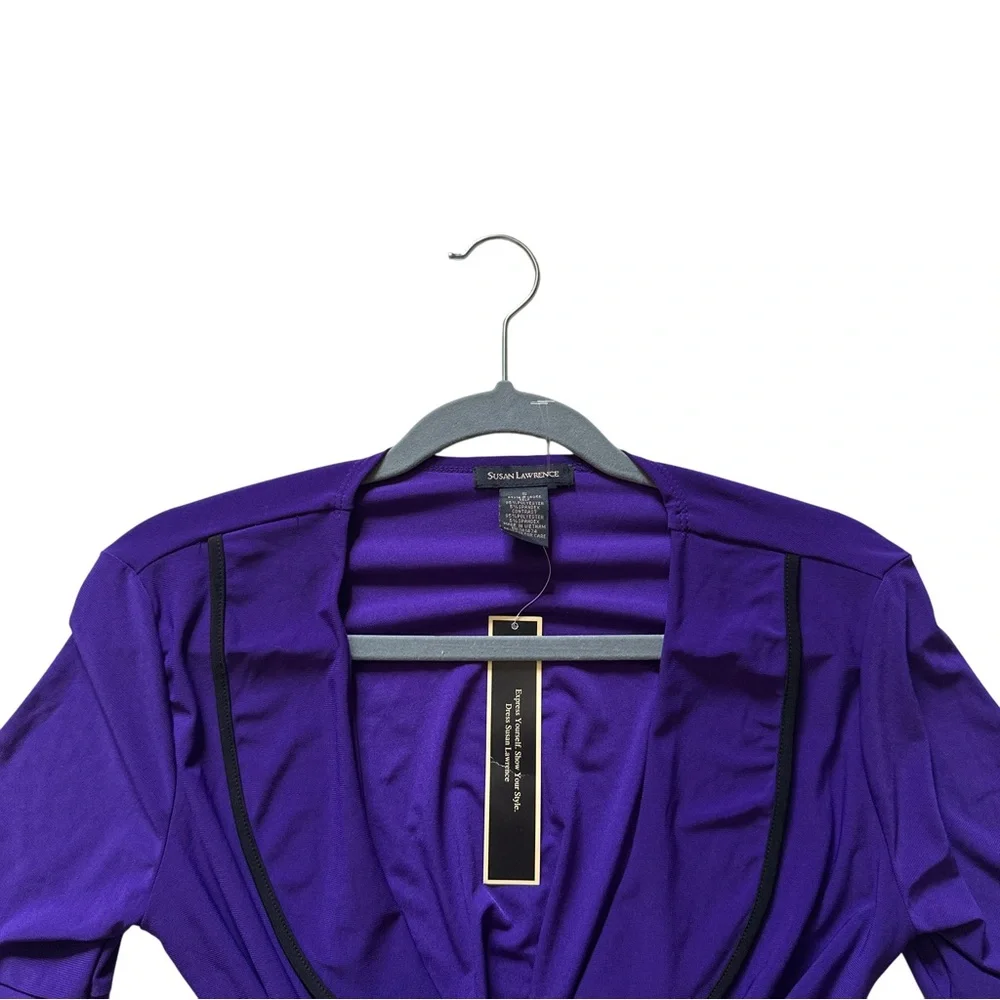Purple Open Front Ruffle Cardigan Sz S Short Sleeve Black Trim Office Casual